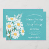 Elegante Floral White Daisies Aquamarin Wedding Einladung (Vorne/Hinten)
