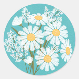 Elegante Floral White Daisies auf Aquamariner Hoch Runder Aufkleber
