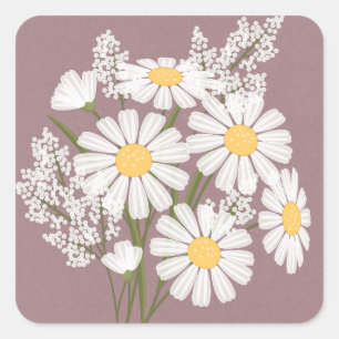 Elegante Floral White Daisies auf rosa Hochzeit Quadratischer Aufkleber