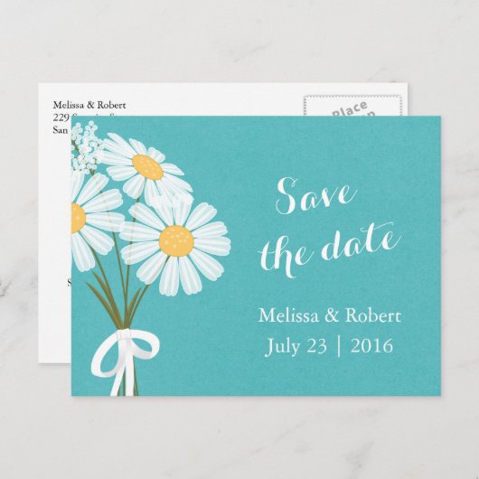 Elegante Floral White Daisies Save the Date Aquama Ankündigungspostkarte (Vorne/Hinten)