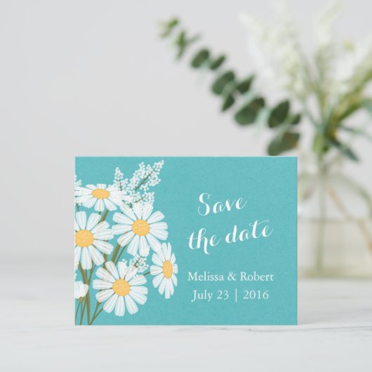 Elegante Floral White Daisies Save the Date Aquama Ankündigungspostkarte (Stehend Vorderseite)