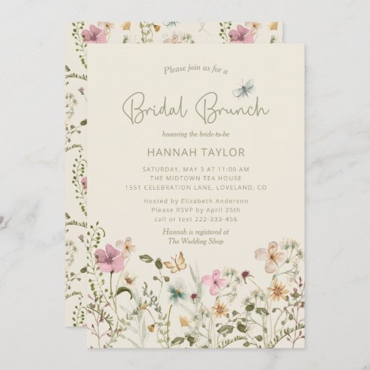 Elegante Floral Wildblume Boho Bridal Brunch Einladung (Vorne/Hinten)