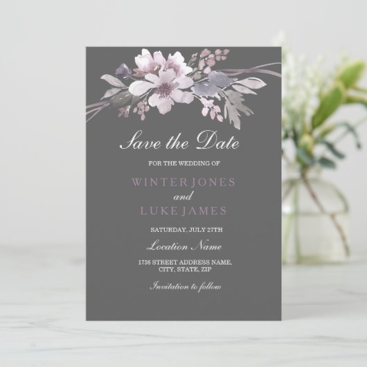 Elegante Floral Winter Gray Save the Date Card (Stehend Vorderseite)