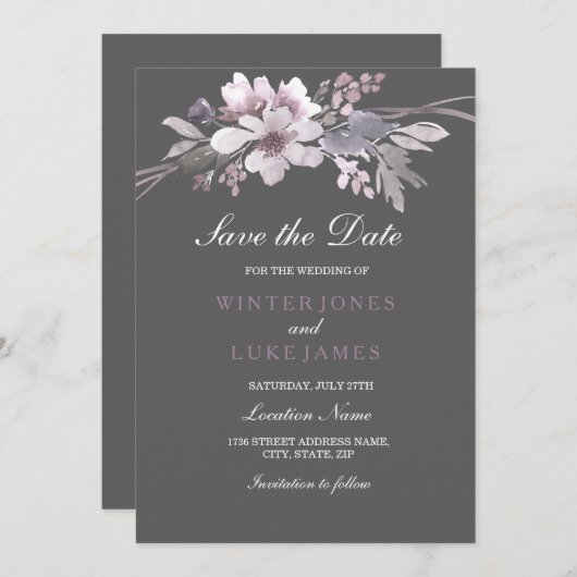 Elegante Floral Winter Gray Save the Date Card (Vorne/Hinten)