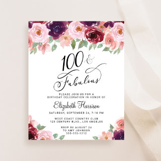 Elegante Florale 100. Geburtstags-Einladung
