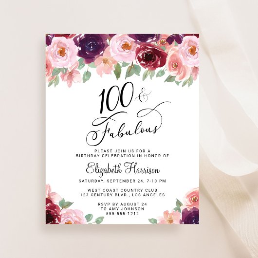 Elegante Florale 100. Geburtstags-Einladung