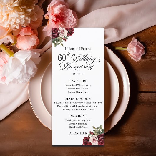 Elegante Florale 60. Hochzeitsjubiläum Menükarte