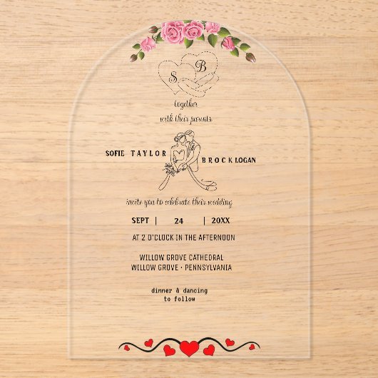 Elegante florale Akronylic Hochzeit mit Mon Acryleinladungen (Vorderseite)