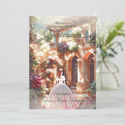 Elegante florale Altstadt von Mexiko Quinceañera Einladung (Stehend Vorderseite)