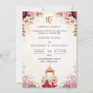 Elegante Florale Anand Karaj Sikh-Hochzeitseinladu Einladung