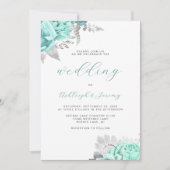 Elegante Florale Aqua Silber QR-Code Hochzeit Einladung (Vorderseite)