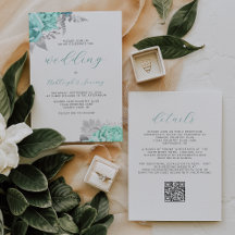 Elegante Florale Aqua Silber QR-Code Hochzeit
