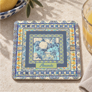 Elegante florale blaue Fliesen-Chinoiserie-Monogra Steinuntersetzer