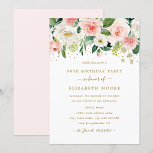 Elegante Florale Blush Gold 90. Geburtstag Einladung