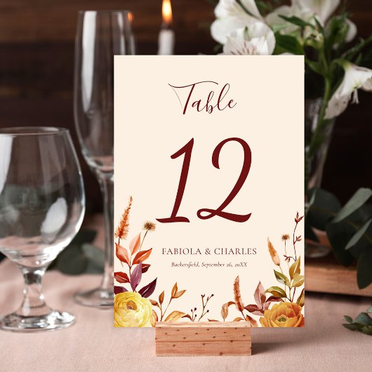 Elegante Florale Boho-Hochzeit im Herbst Tischnummer
