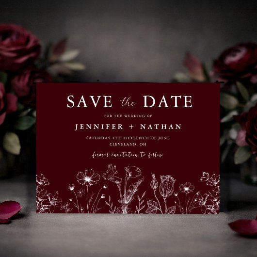 Elegante Florale Bordeaux-Farbenes "Save the Date" Save The Date