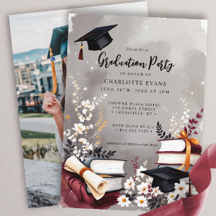 Elegante Florale Bücher Abiturparty Foto Einladung