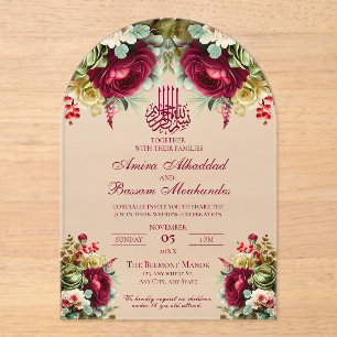 Elegante florale Burgund Rose 3 Islamische Hochzei Acryleinladungen