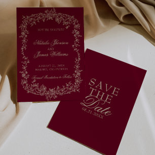 Elegante florale burgunderrote botanische Hochzeit Save The Date