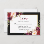 Elegante florale Burgundy Black Gold Frame Wedding RSVP Karte (Vorderseite)