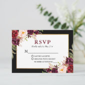 Elegante florale Burgundy Black Gold Frame Wedding RSVP Karte (Stehend Vorderseite)
