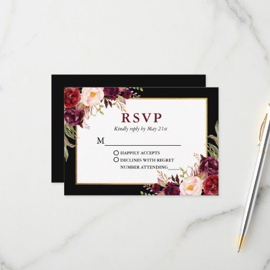 Elegante florale Burgundy Black Gold Frame Wedding RSVP Karte (Vorderseite/Rückseite Beispiel)