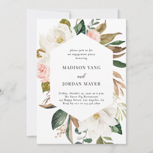 Elegante florale Cotton Magnolia Engagement Party Einladung (Vorderseite)