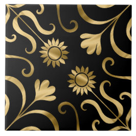 Elegante florale Damaske Schwarze Goldblume Fliese