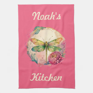 Elegante florale Dragonfly mit Individuelle Name Geschirrtuch