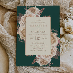 Elegante florale dunkle Teal-Rose-Gold-Elfenbein-H Einladung