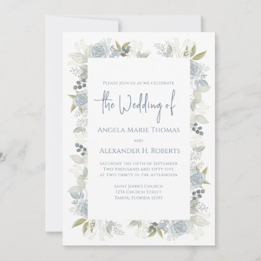 Elegante florale Dusty Blue Rose QR Code Response Einladung (Vorderseite)