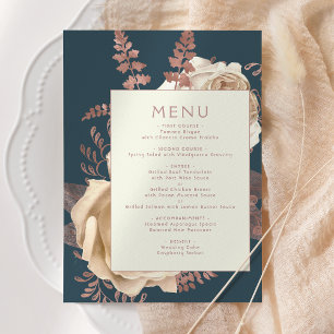 Elegante Florale Elfenbein-Roségold-Teal-Hochzeit Menükarte