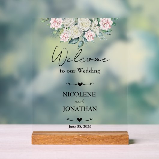 Elegante florale Embrace Wedding Willkommen Acrylschild (Neutral)