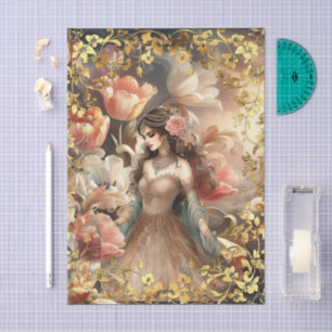 Elegante florale exotische Frau & Goldrahmen-Decou Seidenpapier