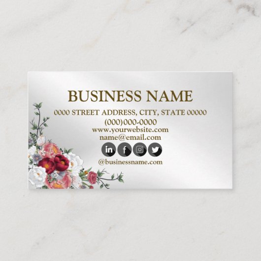 Elegante florale Farbenfrohe Rote Blüte Silber Mod Visitenkarte (Rückseite)