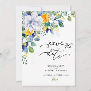 Elegante florale gelbe blaue Hochzeitsfoto Save The Date