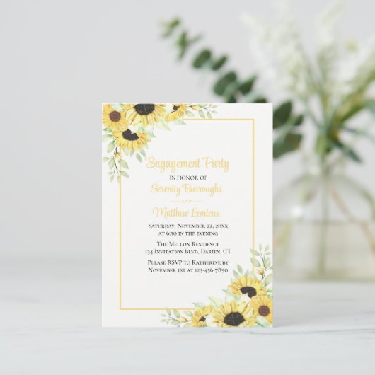 Elegante florale Gelbe Sonnenblumen-Engagement Par Einladungspostkarte (Stehend Vorderseite)