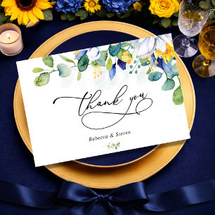 Elegante florale gelbe und blaue Aquarell-Hochzeit Dankeskarte