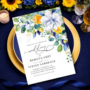 Elegante florale gelbe und blaue Aquarell-Hochzeit Einladung