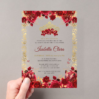 Elegante Florale Goldene Bogen Quinceanera Acryleinladungen