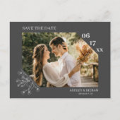 Elegante, florale graue Hochzeit retten das Datum Postkarte (Vorderseite)