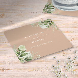 Elegante Florale Grün Tan Hochzeit Rechteckiger Pappuntersetzer