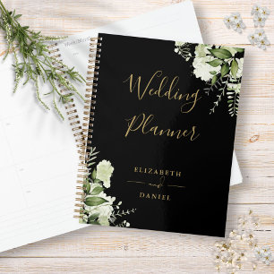 Elegante Florale Grünpflanzen Schwarze Und Goldene Planer