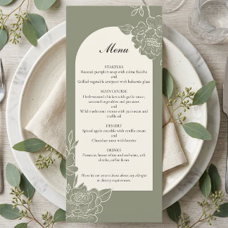 Elegante Florale Hochzeit im Salbeigrün mit Elfenb Menükarte