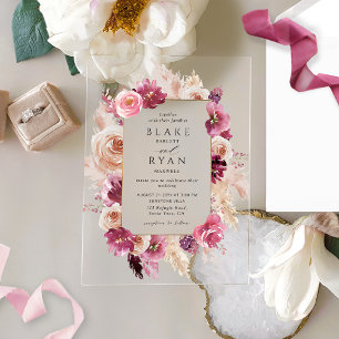 Elegante Florale Hochzeit in Rosa, Burgund und Cha Acryleinladungen