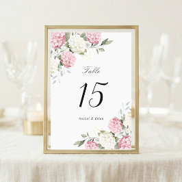Elegante Florale Hochzeit mit rosa Hortensien und  Tischnummer
