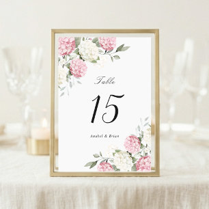 Elegante Florale Hochzeit mit rosa Hortensien und  Tischnummer