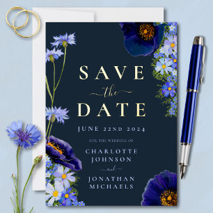 Elegante florale Hochzeit Navyblau und Gold Folieneinladung