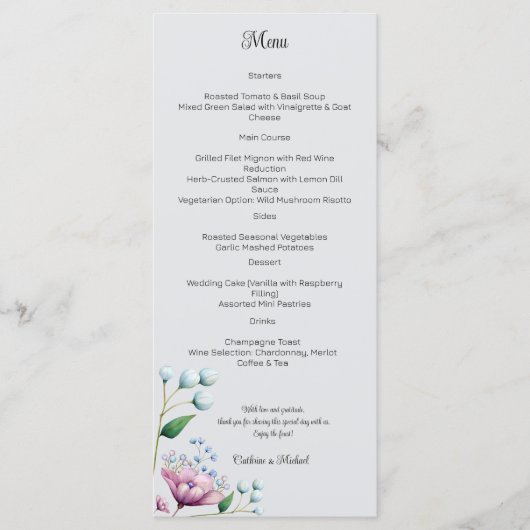 Elegante florale Hochzeit Soft Botanical Romance Menükarte (Vorderseite)