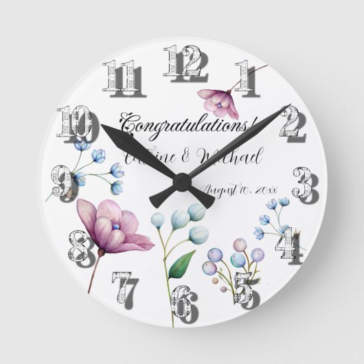 Elegante florale Hochzeit Soft Botanical Romance Runde Wanduhr (Vorderseite)